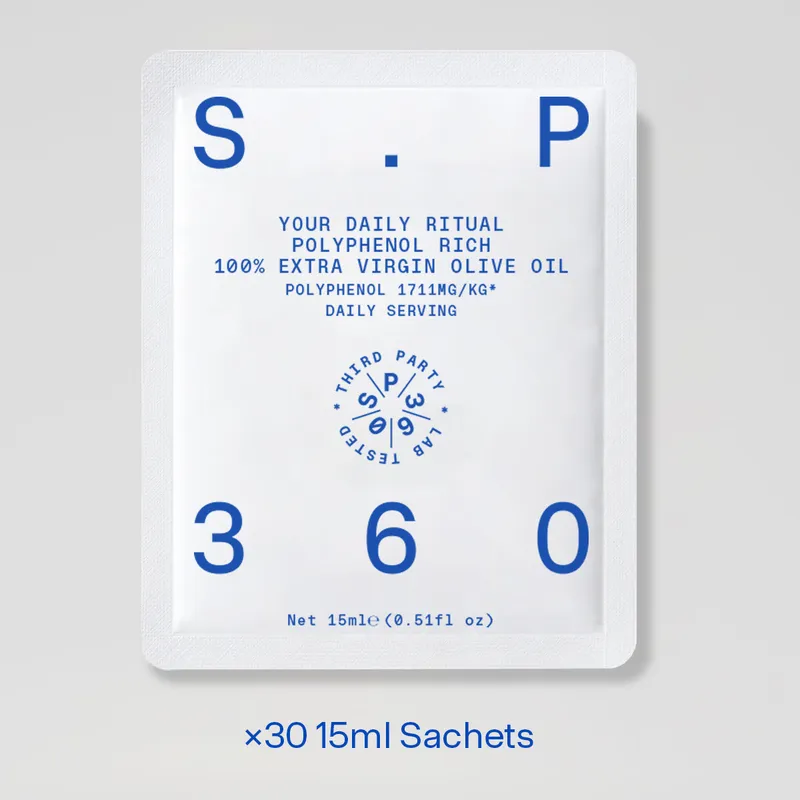 SP360 extra virgin olive oil travel pack — 30 high-polyphenol sachets, 15ml each